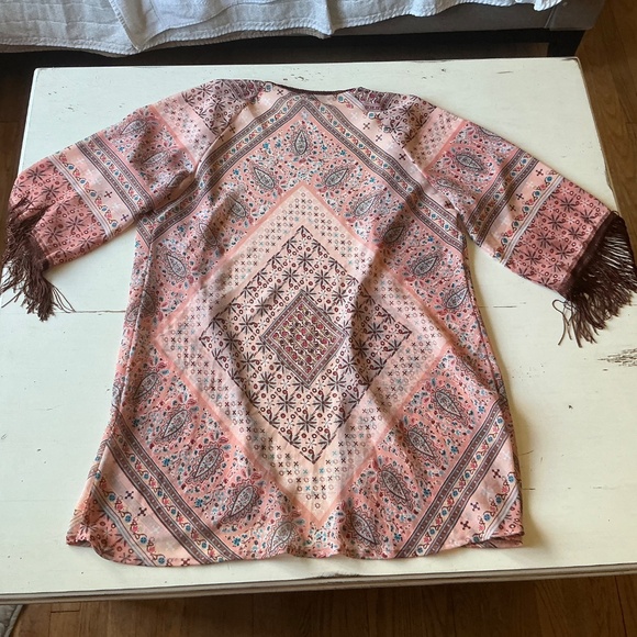 American Rag Boho Peach Brown Floral Fringe Festival Duster Kimono S M - Picture 9 of 10